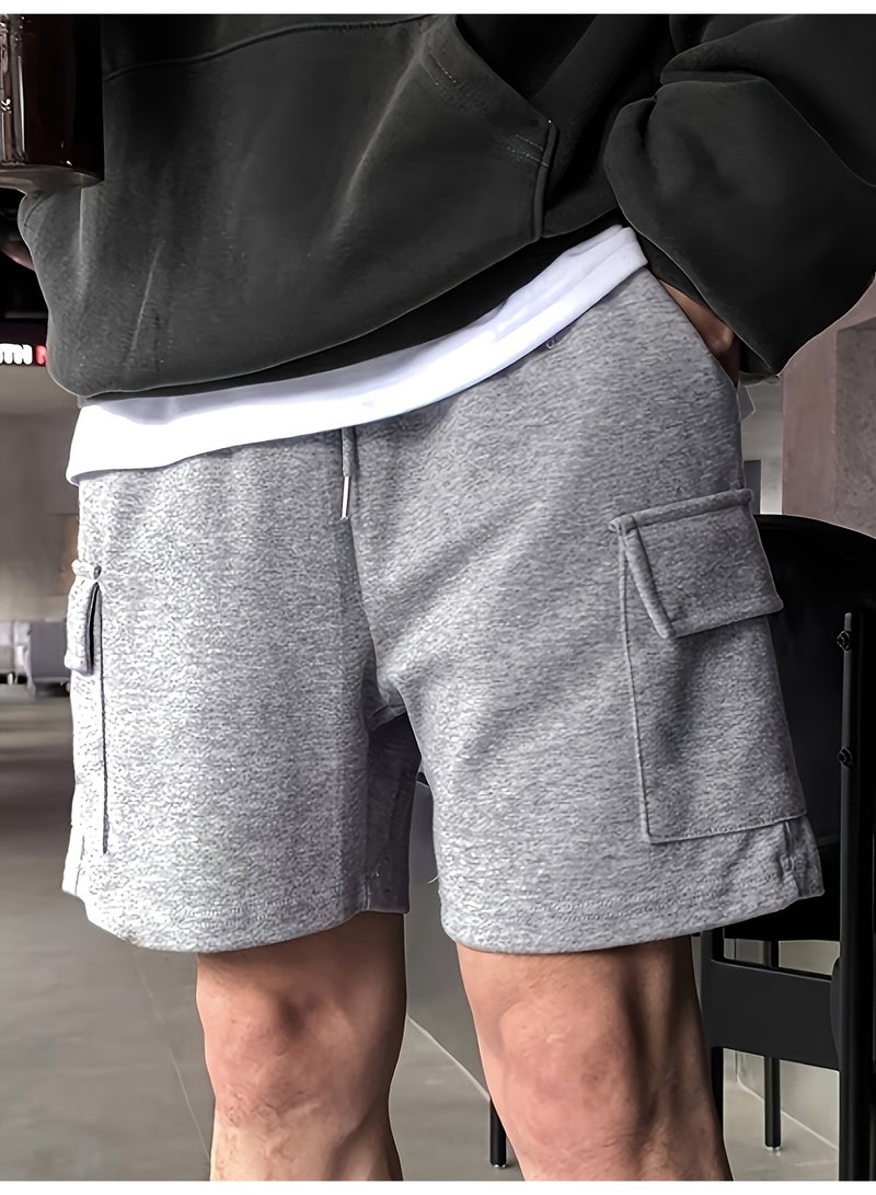 شورت رجالي رمادي اللون، متعدد الجيوب، برباط، فضفاض، مناسب للصيف - Image 1